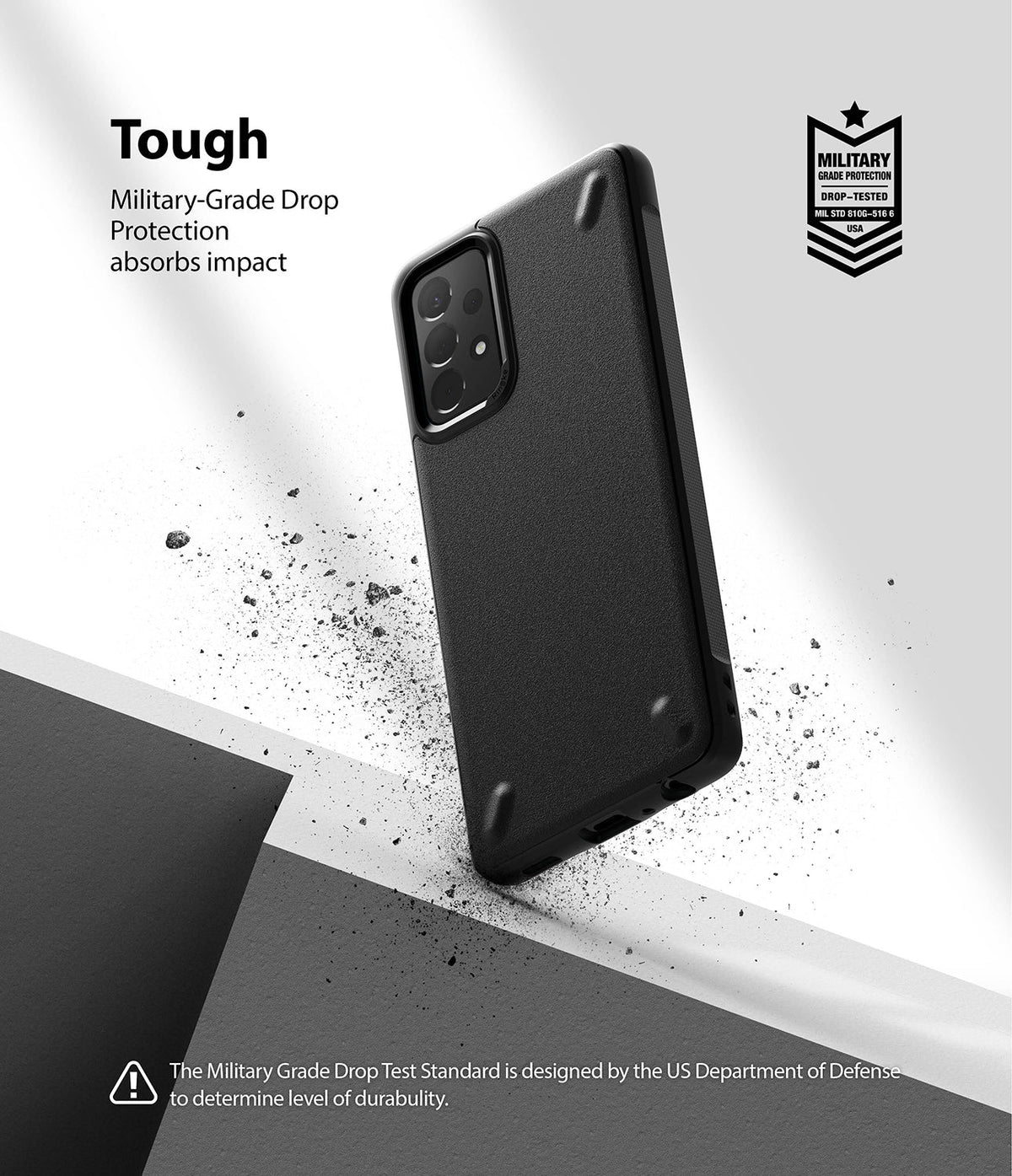 Galaxy A72 Case | Onyx - Black phone case with military-grade drop protection, featuring debris and impact graphics.