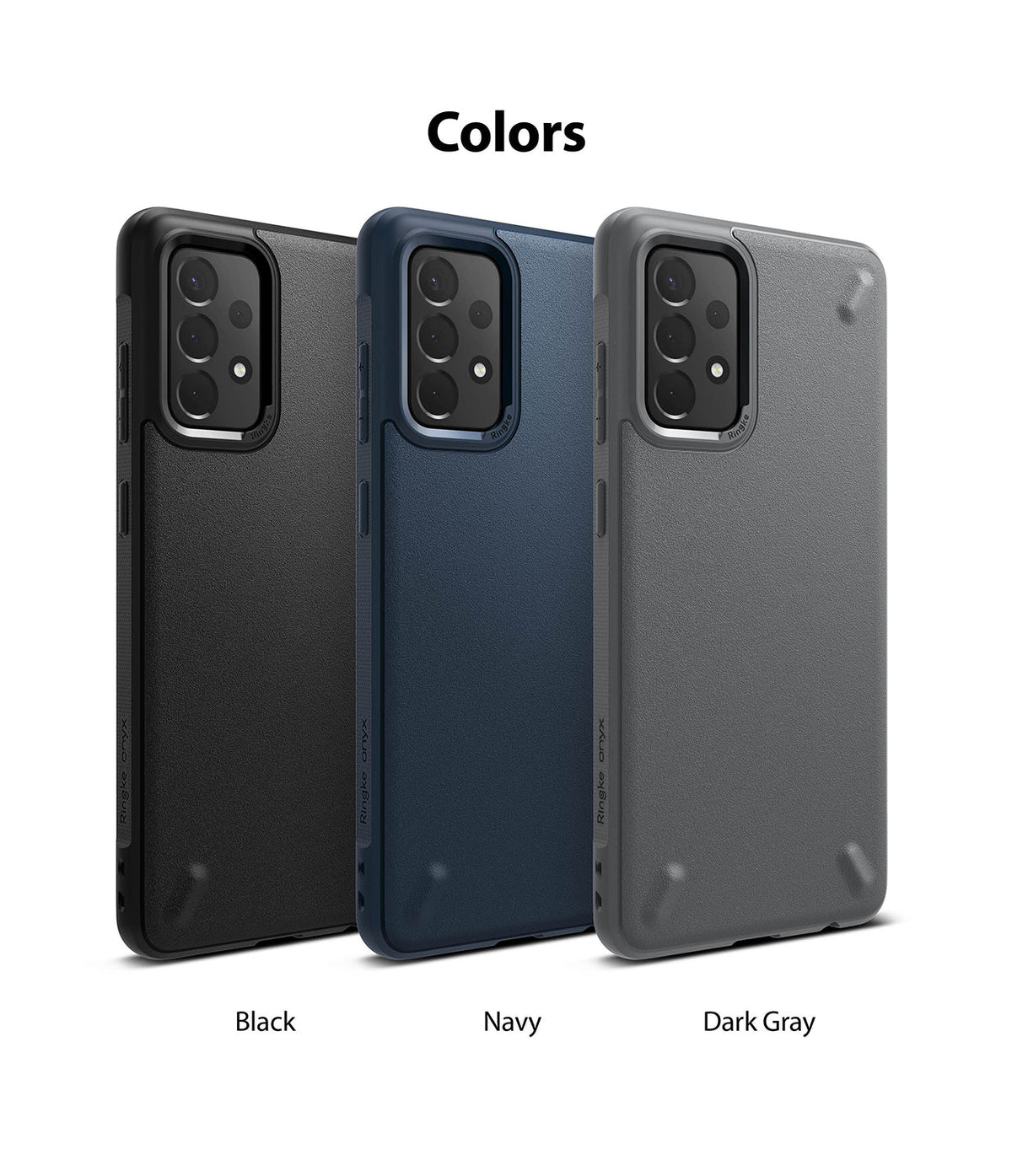Galaxy A72 Case | Onyx - Three Galaxy A72 phone cases in black, navy, and dark gray arranged side-by-side on a white background.
