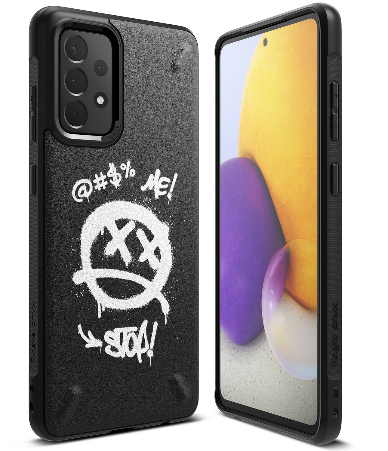Galaxy A72 Case | Onyx Design - Black phone case with white graffiti-style smiley face and text on the back, shown with phone front.