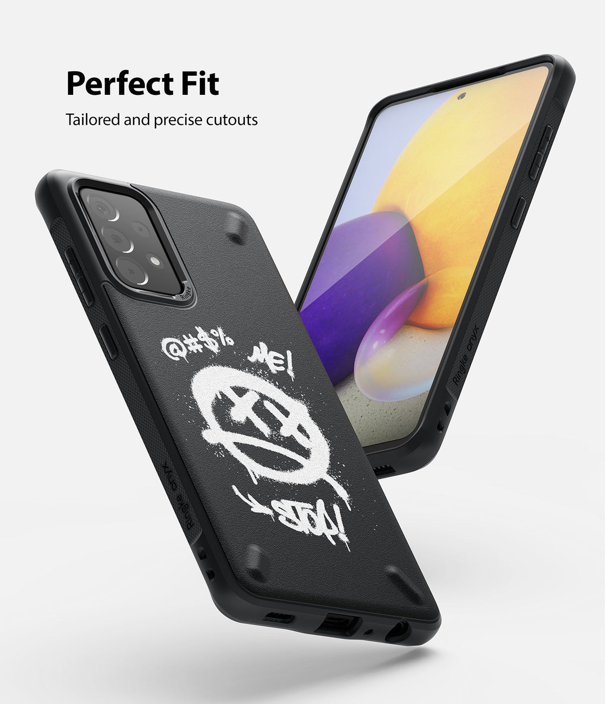 Galaxy A72 Case | Onyx Design - Black phone case with white graffiti art, showing front and back views against white.