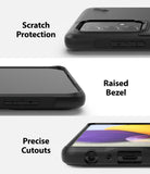 Galaxy A72 Case | Onyx Design - Close-ups showing camera scratch protection, raised screen bezel, and precise port cutouts.