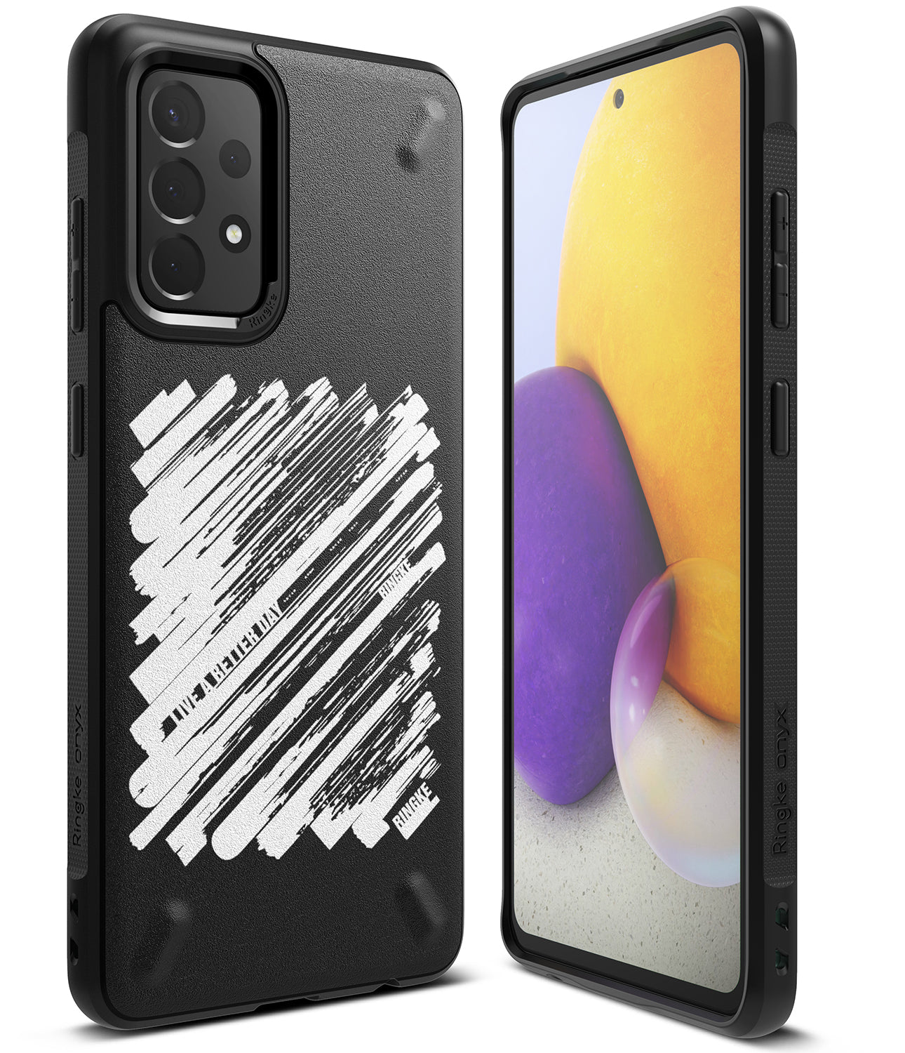 Galaxy A72 Case | Onyx Design - Black phone case with white brushstroke art and text on back, shown from front and rear.