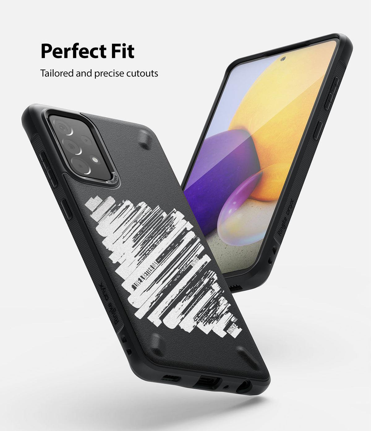 Galaxy A72 Case | Onyx Design - Black phone case with white abstract brushstroke art and precise cutouts for Galaxy A72.