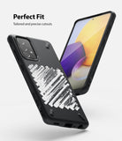 Galaxy A72 Case | Onyx Design - Black phone case with white abstract brushstroke art and precise cutouts for Galaxy A72.