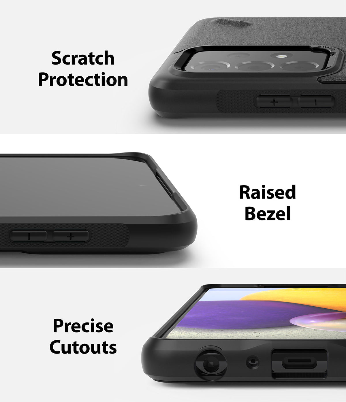 Galaxy A72 Case | Onyx Design - Three close-up views showing camera scratch protection, raised screen bezel, and precise port cutouts.