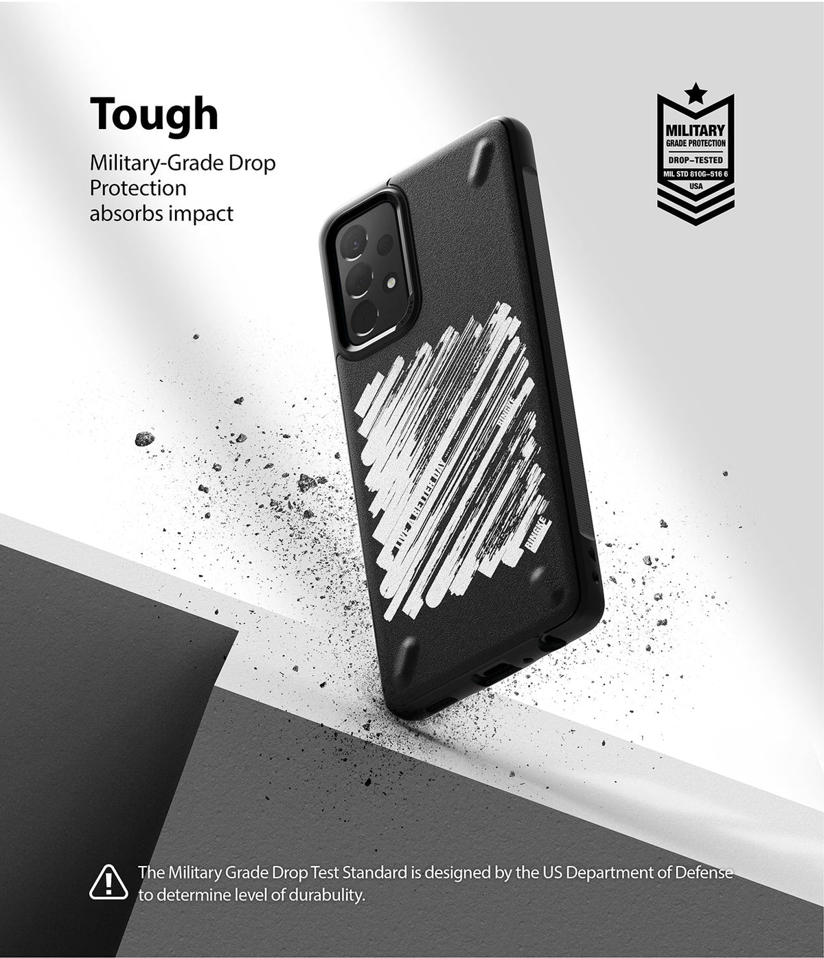 Galaxy A72 Case | Onyx Design - Black phone case with white brushstroke graphic, military-grade drop protection badge, and debris.