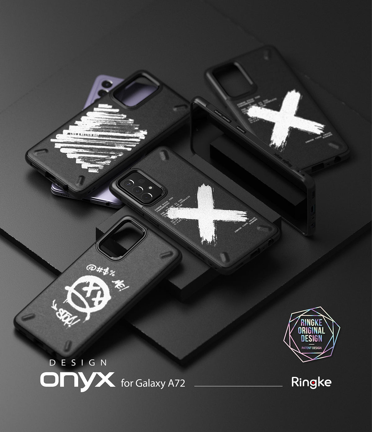 Galaxy A72 Case | Onyx Design - Four black phone cases with white graffiti-style graphics arranged on a dark surface.