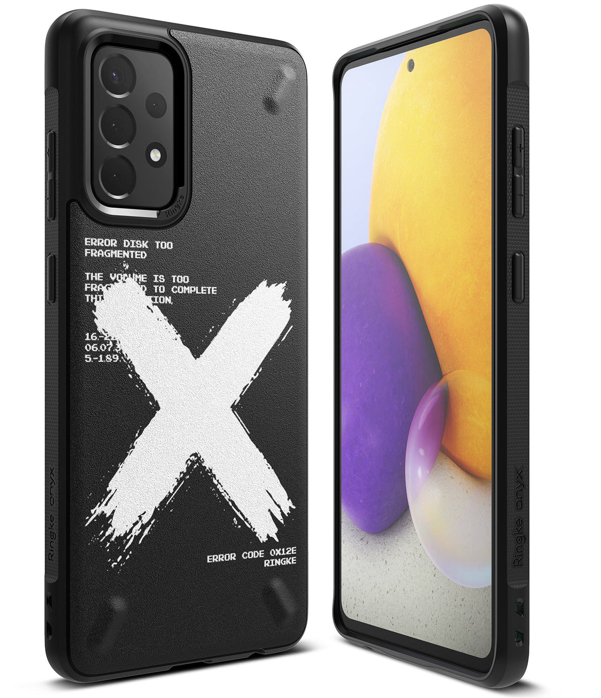 Galaxy A72 Case | Onyx Design - Black phone case with a white brushstroke X and technical text on the back.