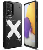 Galaxy A72 Case | Onyx Design - Black phone case with a white brushstroke X and technical text on the back.