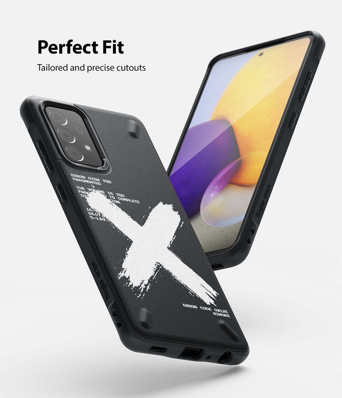 Galaxy A72 Case | Onyx Design - Black phone case with white brush-stroke X graphic and text, shown from front and back.