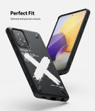 Galaxy A72 Case | Onyx Design - Black phone case with white brush-stroke X graphic and text, shown from front and back.