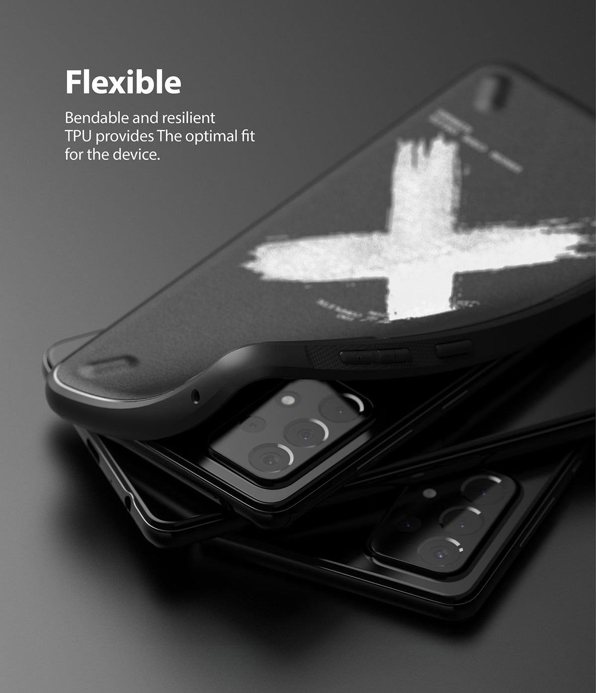 Galaxy A72 Case | Onyx Design - A flexible black phone case with a white cross graphic being fitted onto a smartphone.