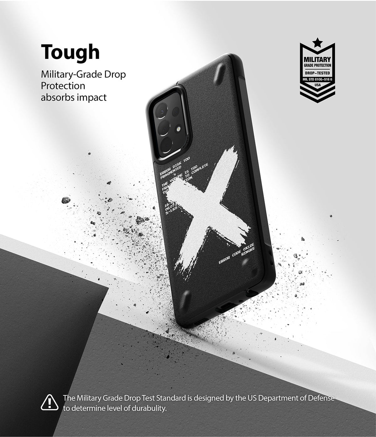 Galaxy A72 Case | Onyx Design - Black phone case with white X graphic and text, featuring military-grade drop protection.
