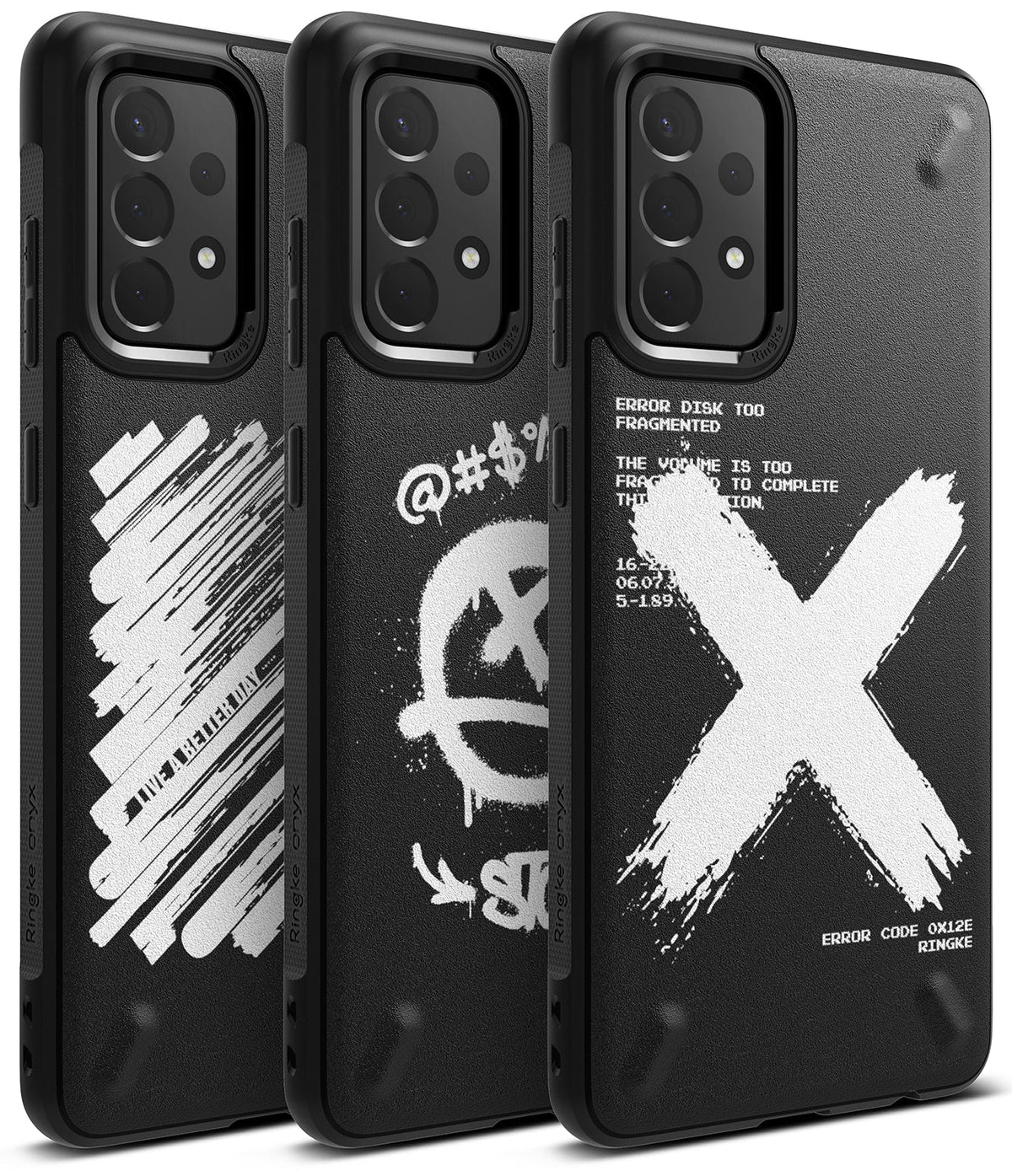 Galaxy A72 Case | Onyx Design - Three black phone cases with unique white graphic prints featuring brushstrokes and text.