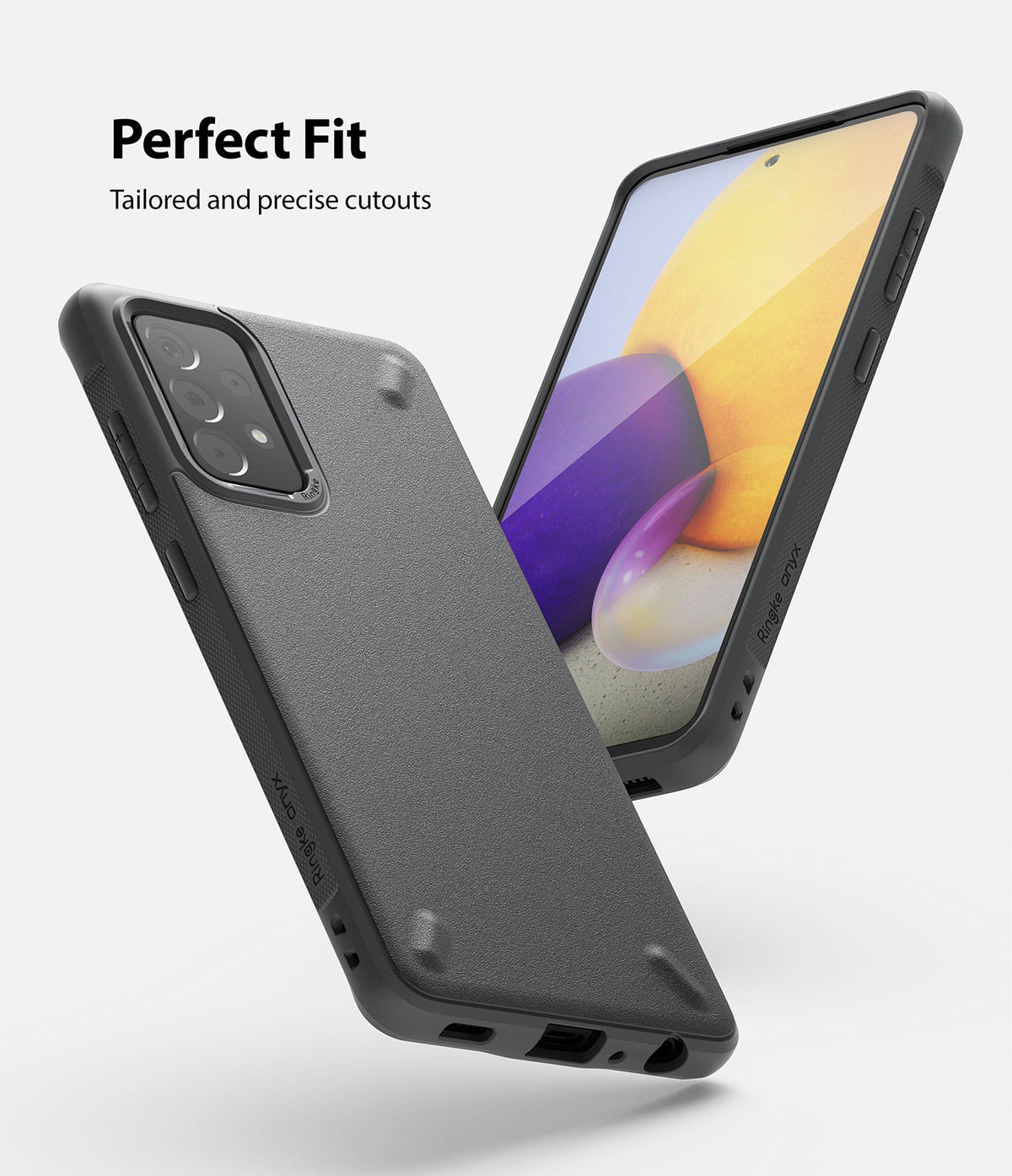 Galaxy A72 Case | Onyx - Black textured phone case showing precise camera and port cutouts with a phone screen display.