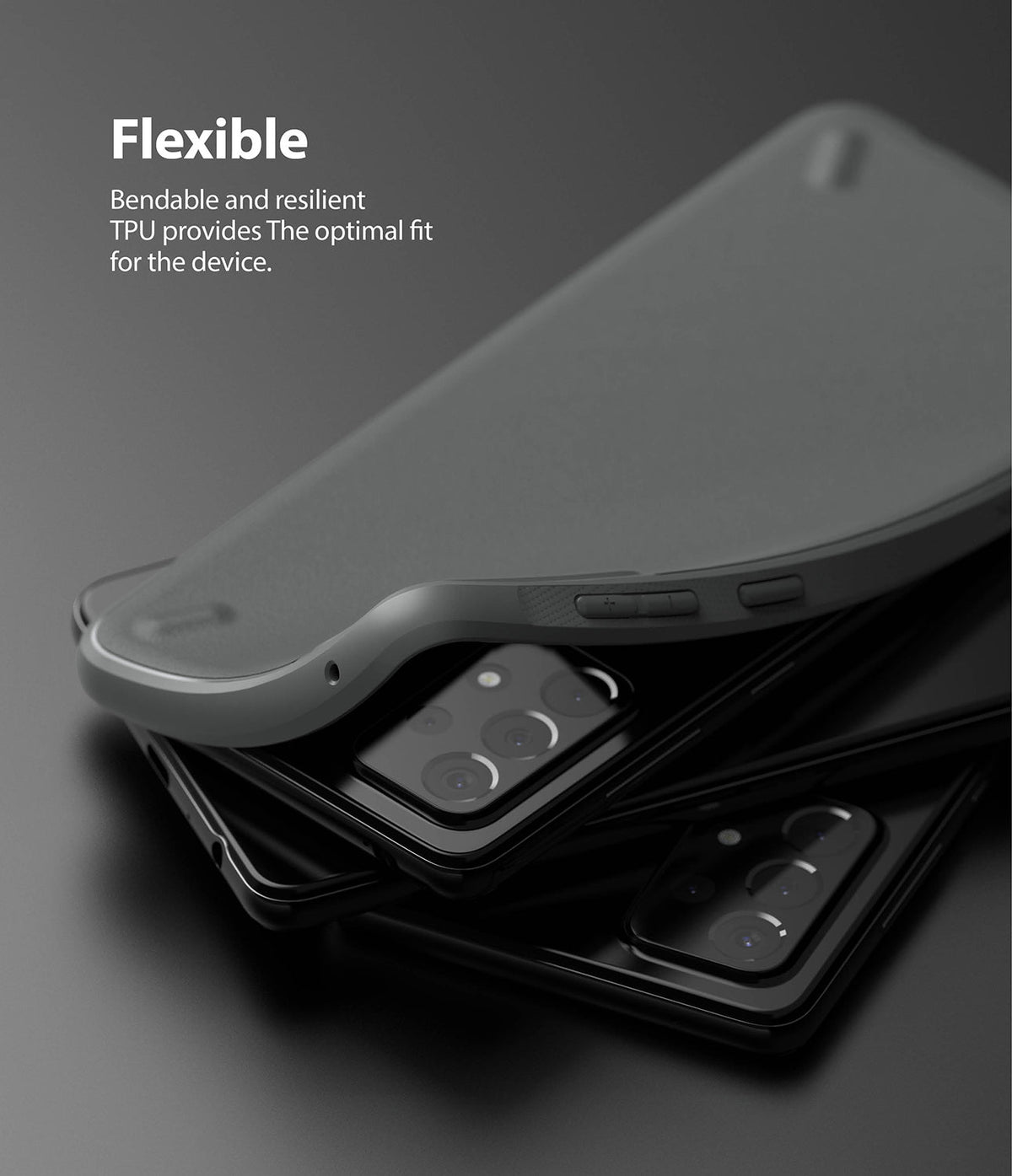 Galaxy A72 Case | Onyx - A flexible black TPU case being pulled away from a black smartphone, highlighting its durability.