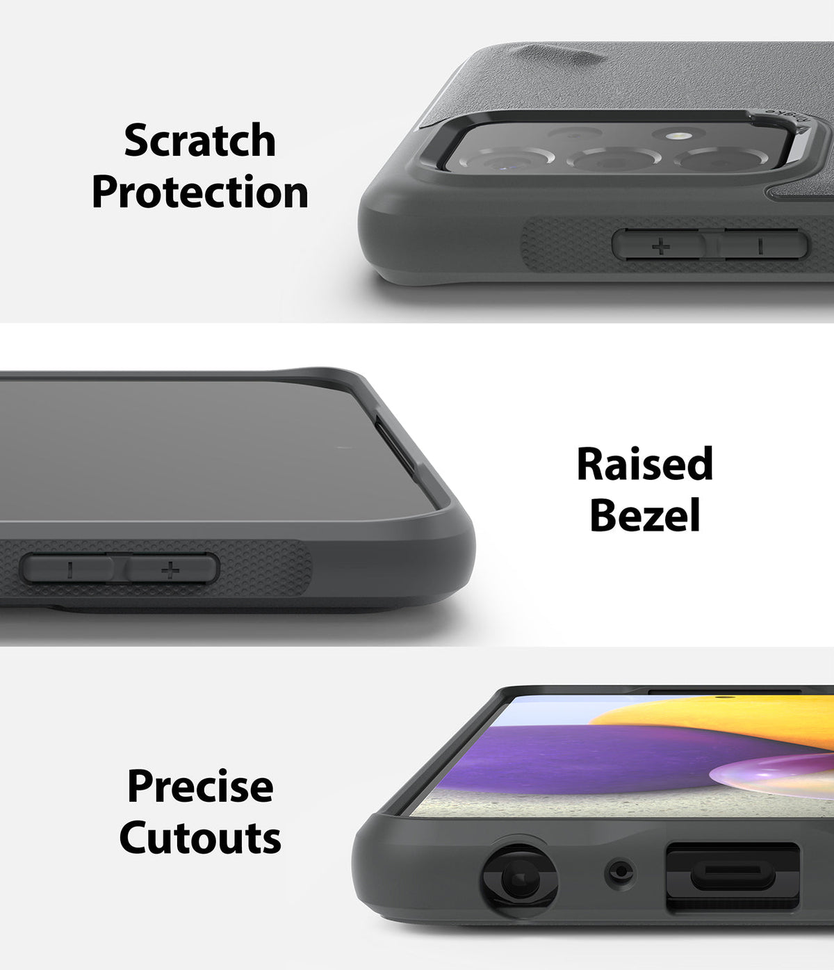 Galaxy A72 Case | Onyx - Three close-up views showing camera protection, raised screen bezels, and precise port cutouts.