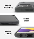 Galaxy A72 Case | Onyx - Three close-up views showing camera protection, raised screen bezels, and precise port cutouts.