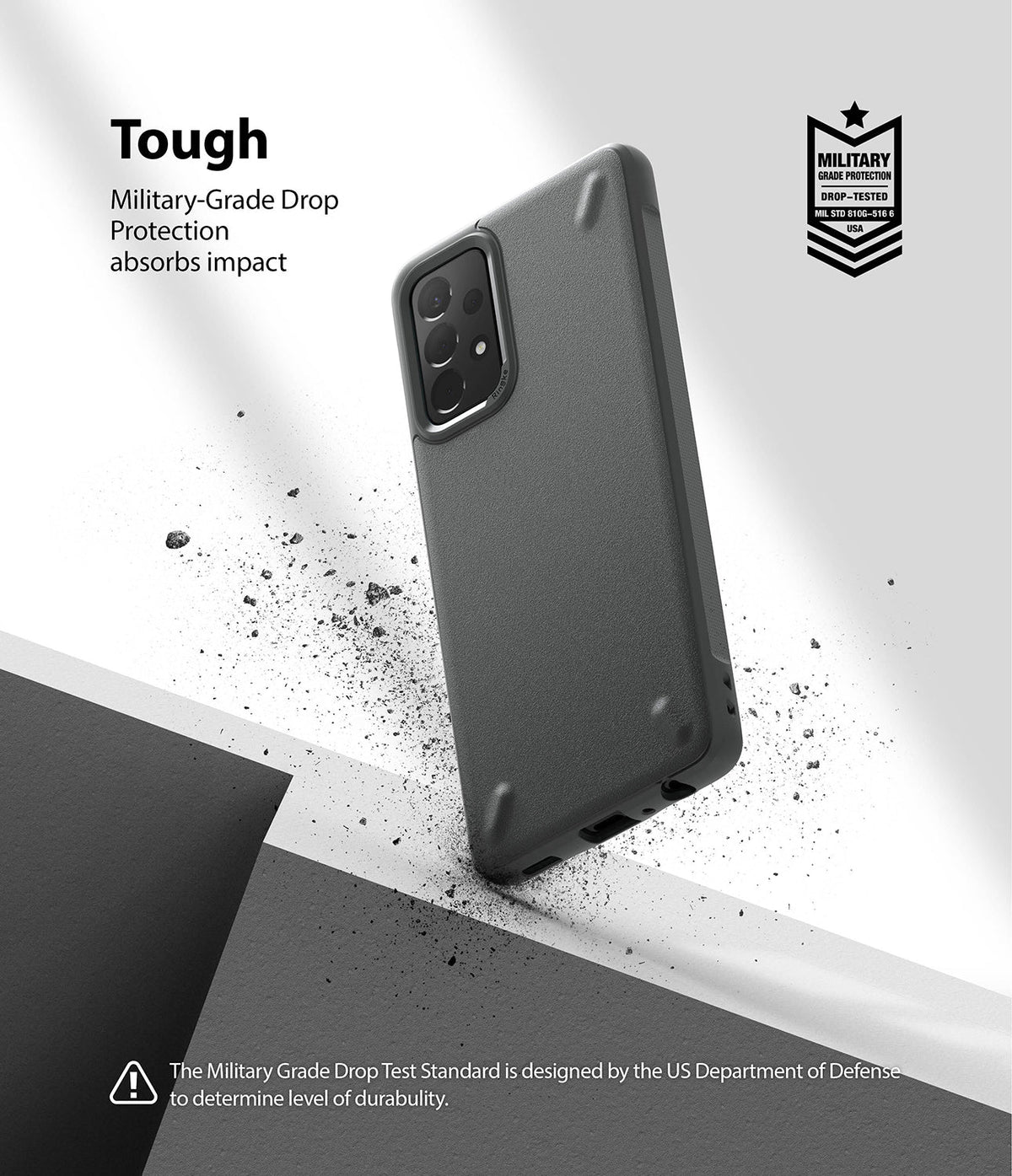 Galaxy A72 Case | Onyx - Matte black phone case with military-grade drop protection, floating above a textured surface.