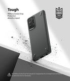 Galaxy A72 Case | Onyx - Matte black phone case with military-grade drop protection, floating above a textured surface.