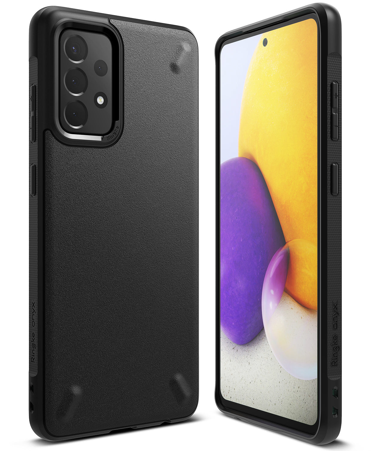 Galaxy A72 Case | Onyx - Matte black protective phone case shown from back and front angles with a colorful screen display.
