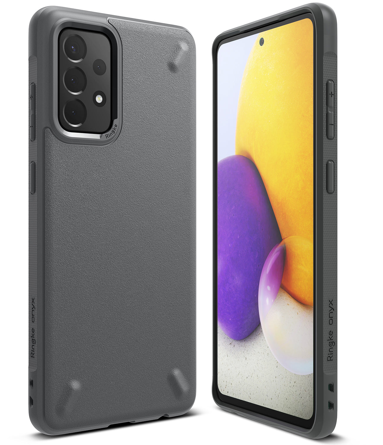Galaxy A72 Case | Onyx - Matte black protective phone case shown from back and front angles with a colorful screen display.