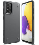 Galaxy A72 Case | Onyx - Matte black protective phone case shown from back and front angles with a colorful screen display.