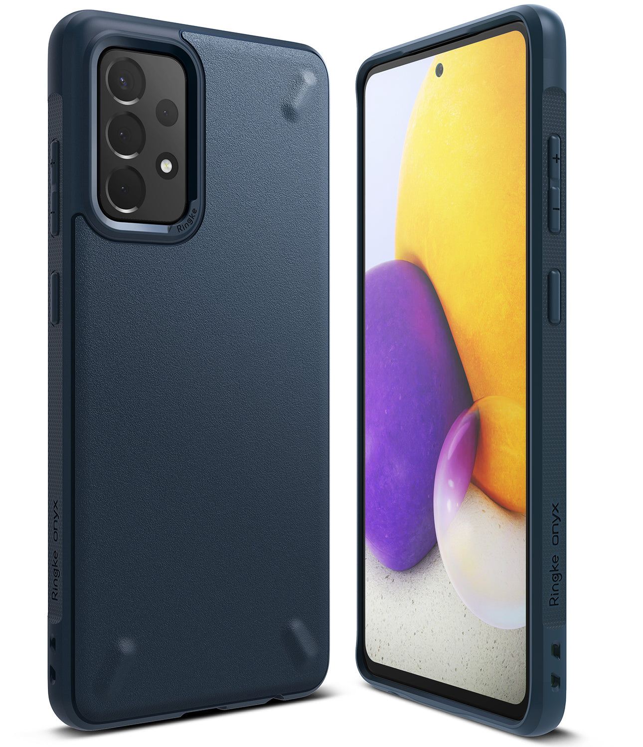 Galaxy A72 Case | Onyx - Navy blue textured protective phone case shown from the back and front with a colorful screen.