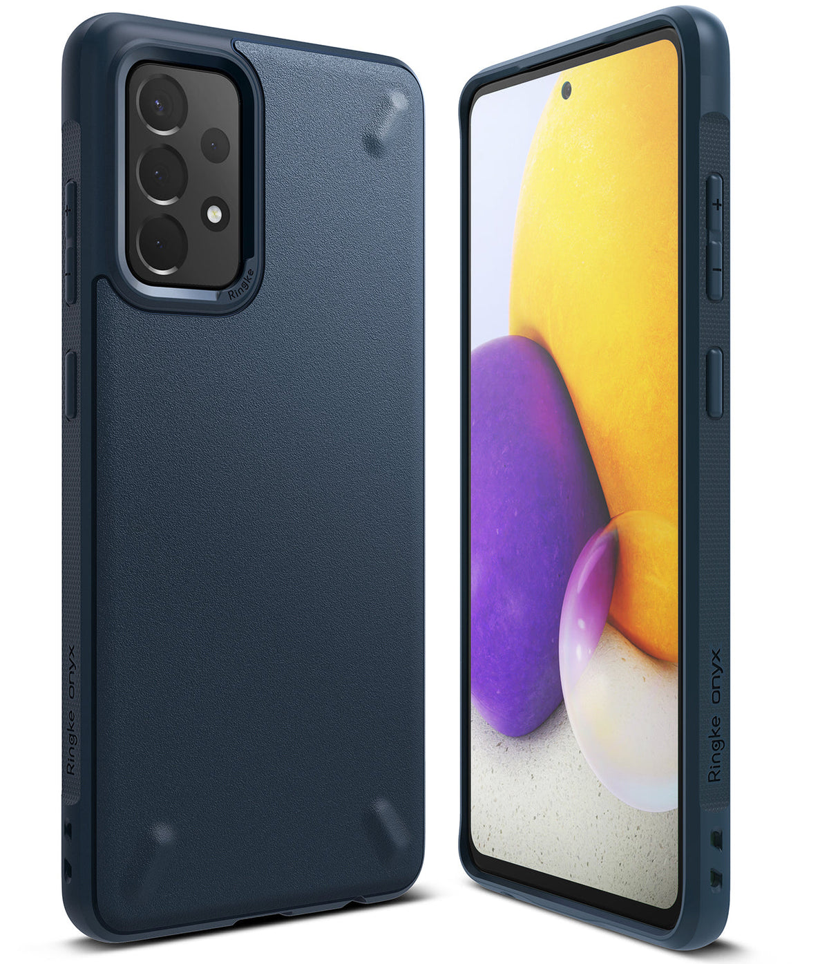 Galaxy A72 Case | Onyx - Navy blue textured protective phone case shown from the back and front with a colorful screen.