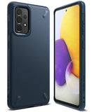 Galaxy A72 Case | Onyx - Navy blue textured protective phone case shown from the back and front with a colorful screen.