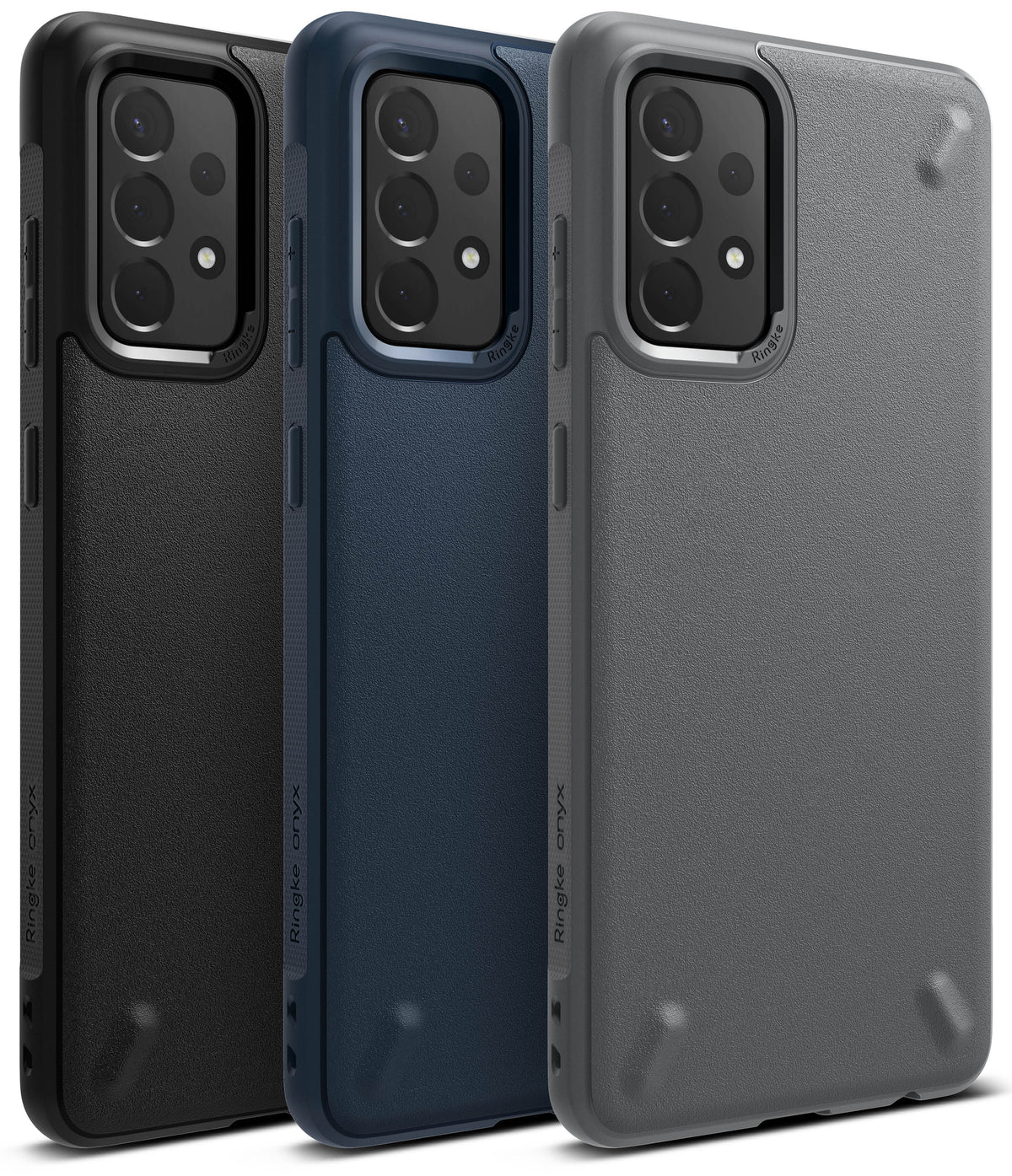Galaxy A72 Case | Onyx - Three textured Galaxy A72 phone cases in black, navy, and gray arranged side-by-side.