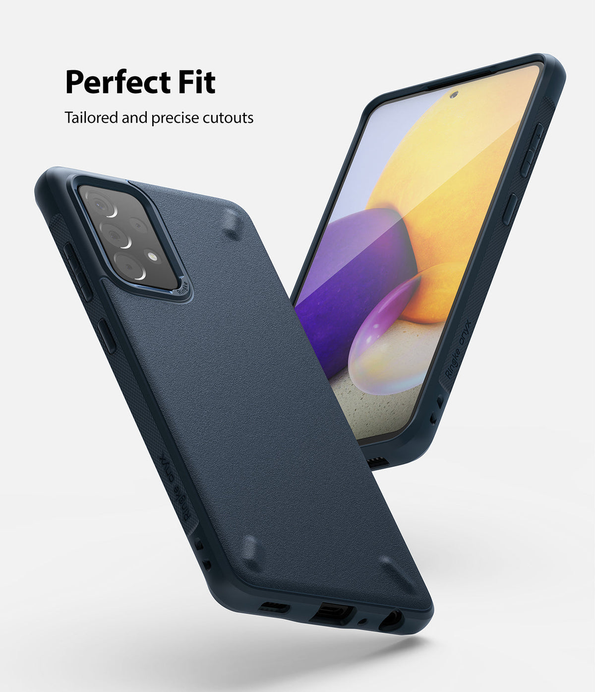Galaxy A72 Case | Onyx - Navy blue textured phone case shown from back and front angles with precise cutouts.