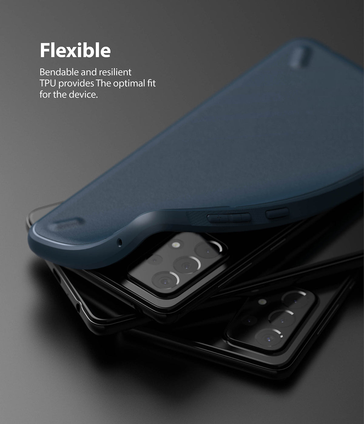 Galaxy A72 Case | Onyx - A flexible navy blue TPU case being placed onto a black Samsung Galaxy A72 smartphone.