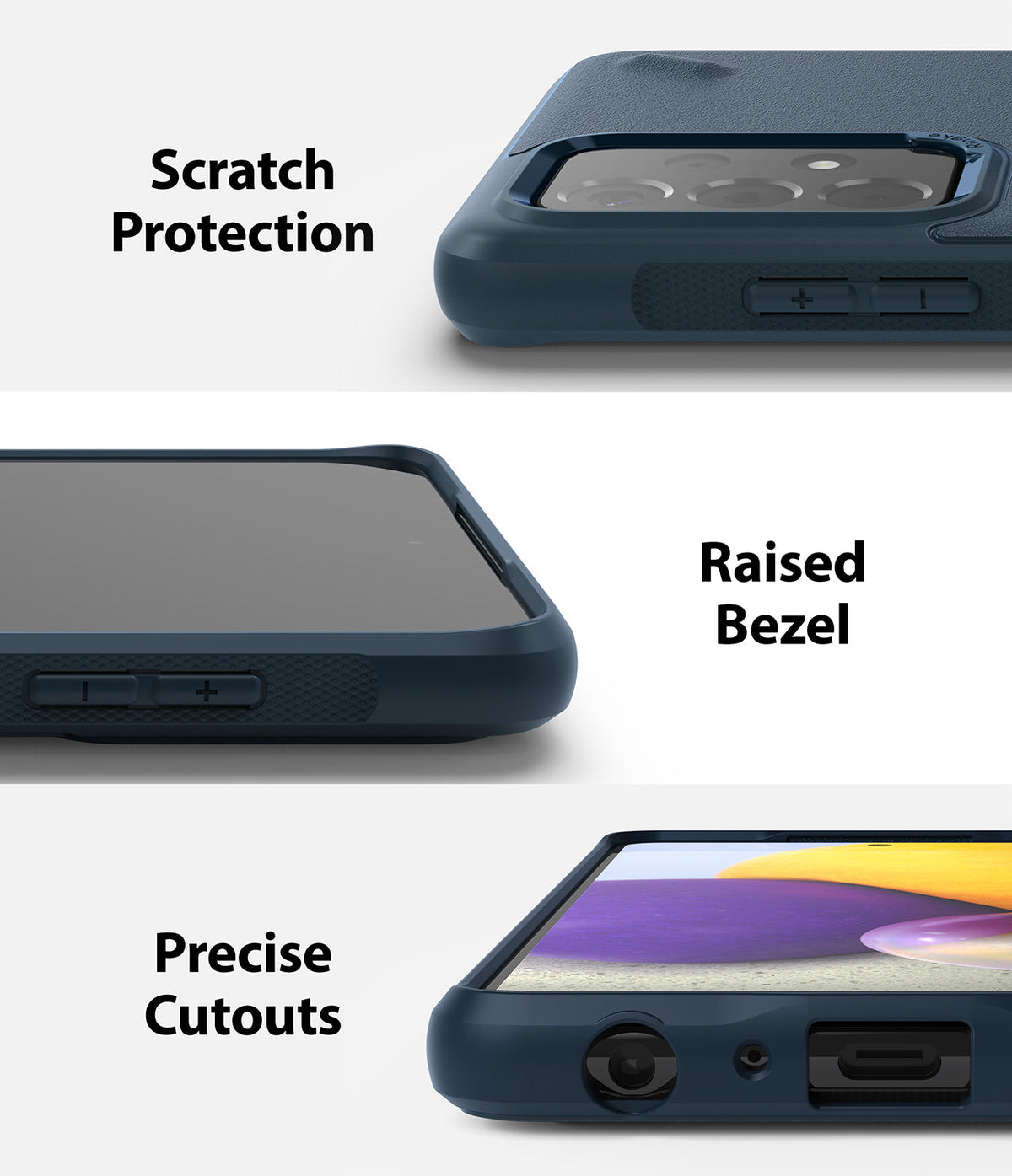 Galaxy A72 Case | Onyx - Three panels showing scratch protection, raised screen bezels, and precise port cutouts.