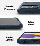 Galaxy A72 Case | Onyx - Three panels showing scratch protection, raised screen bezels, and precise port cutouts.