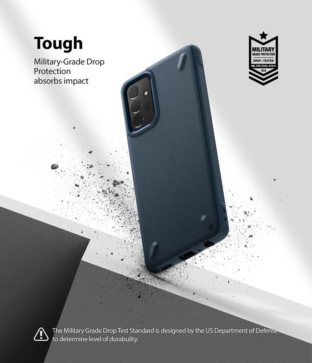 Galaxy A72 Case | Onyx - Navy blue textured phone case with military-grade drop protection badge and debris effect.