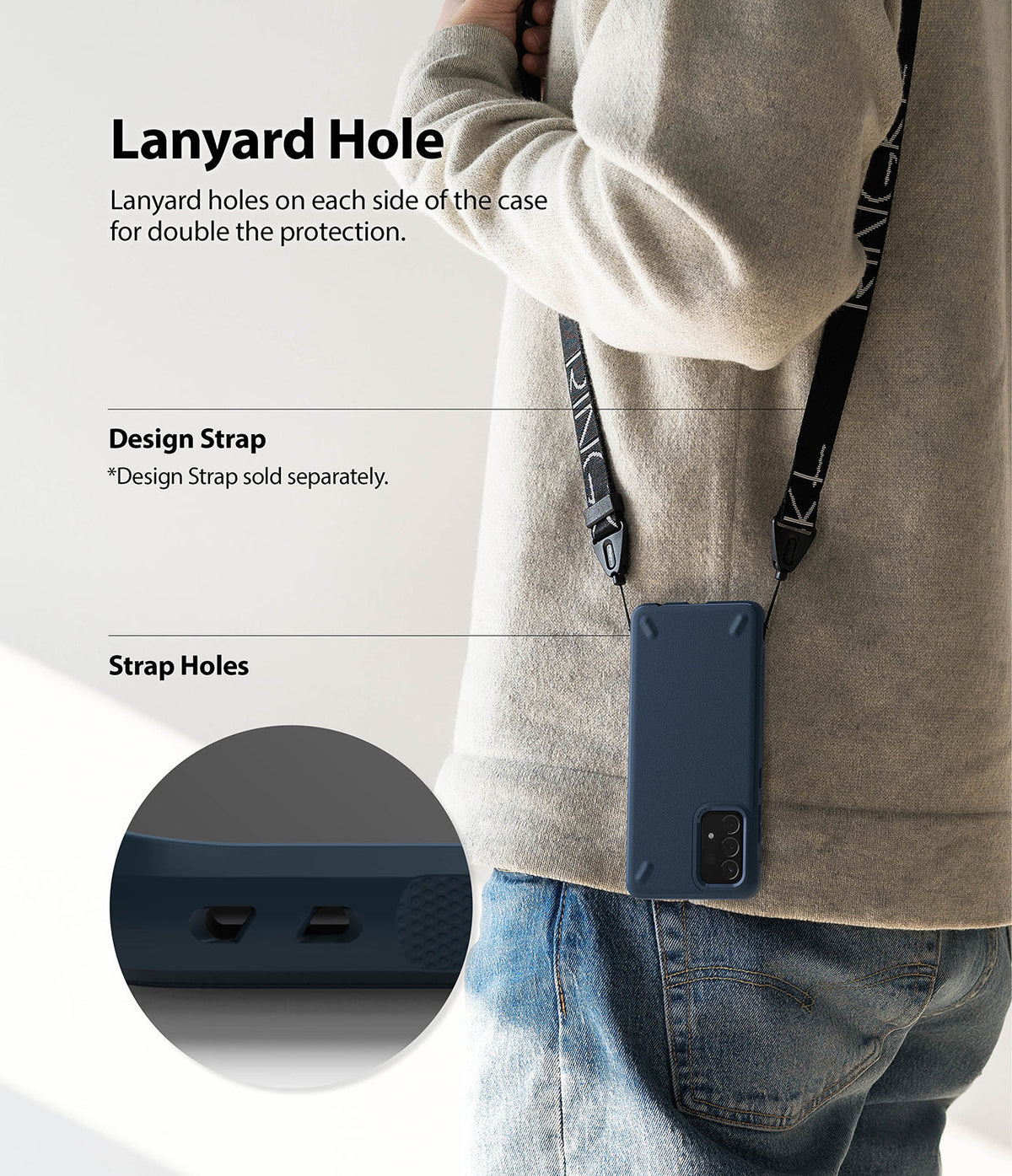 Galaxy A72 Case | Onyx - Person wearing a navy phone case with a lanyard strap, highlighting the dual strap hole design.