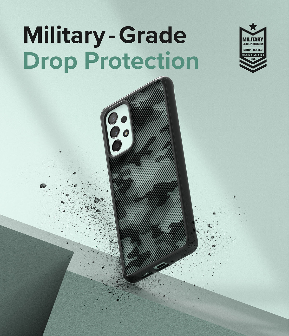 Galaxy A73 5G Case | Fusion - Camouflage phone case floating against a light green background with military-grade protection text.