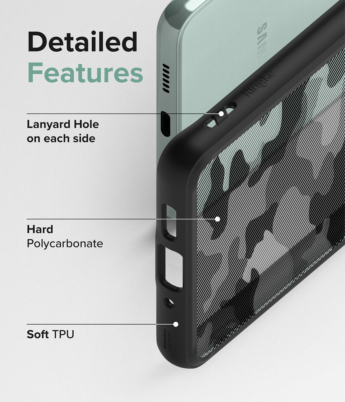 Galaxy A73 5G Case | Fusion - Diagram highlighting lanyard holes, hard polycarbonate back, and soft TPU frame features.