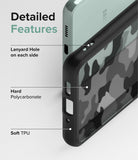 Galaxy A73 5G Case | Fusion - Diagram highlighting lanyard holes, hard polycarbonate back, and soft TPU frame features.