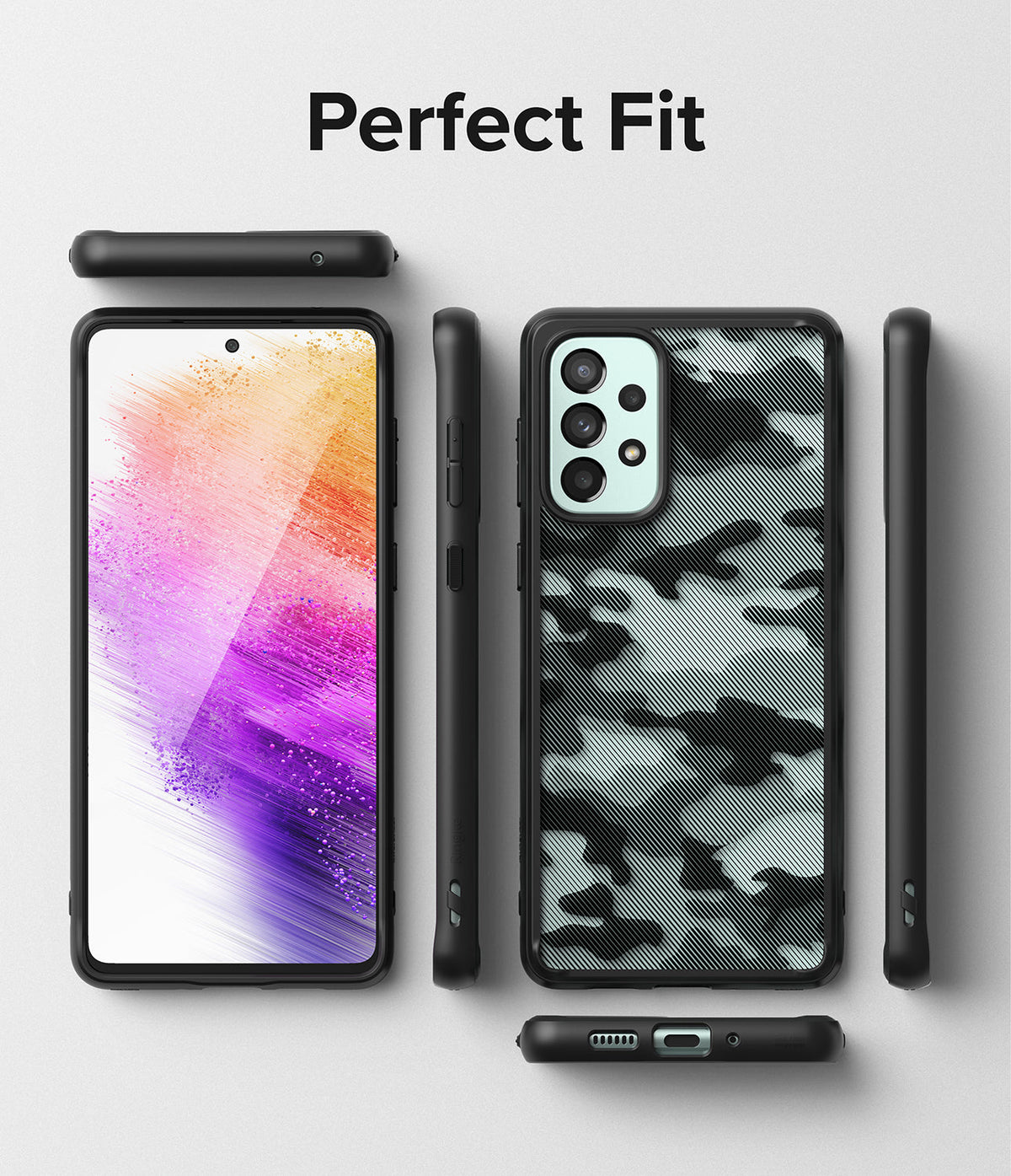 Galaxy A73 5G Case | Fusion - Black camouflage phone case shown from front, back, and side angles on a light background.