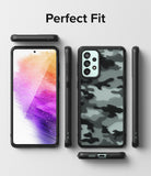 Galaxy A73 5G Case | Fusion - Black camouflage phone case shown from front, back, and side angles on a light background.