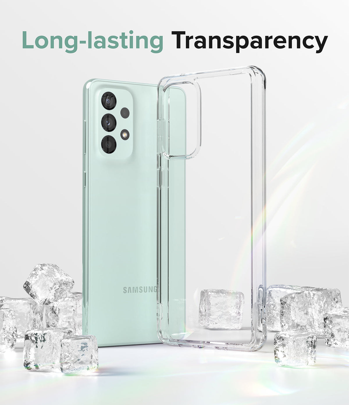 Galaxy A73 5G Case | Fusion - Mint Samsung phone beside a clear protective case surrounded by ice cubes.