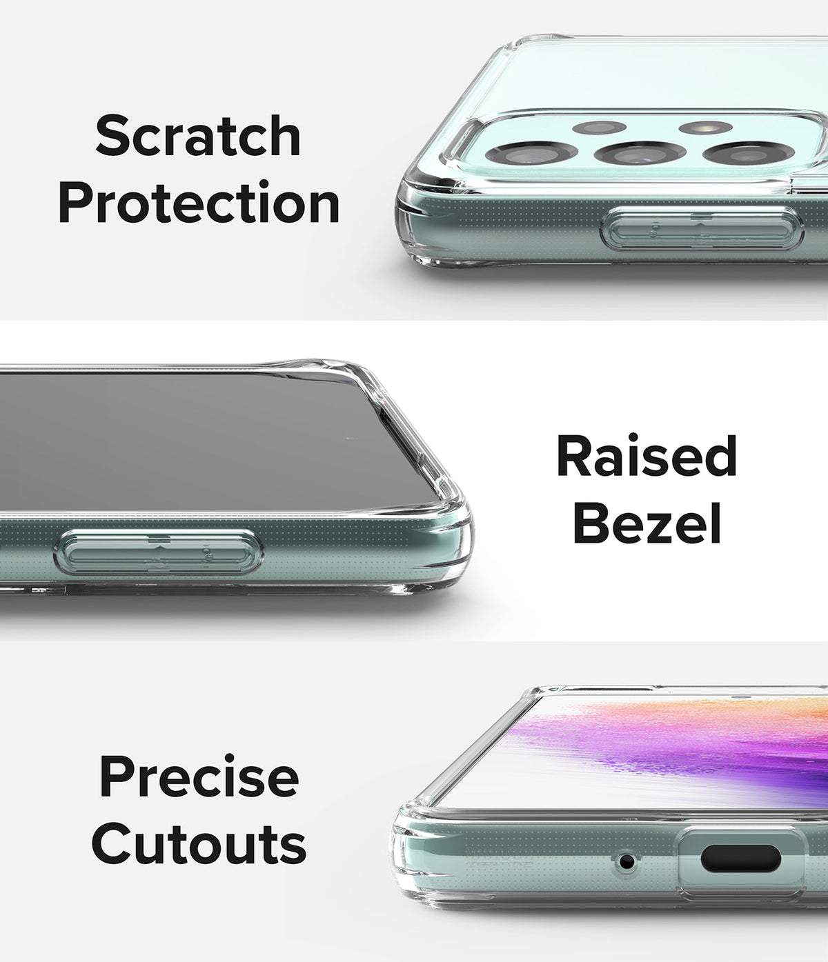 Galaxy A73 5G Case | Fusion - Close-ups of a clear phone case highlighting scratch protection, raised bezels, and precise cutouts.