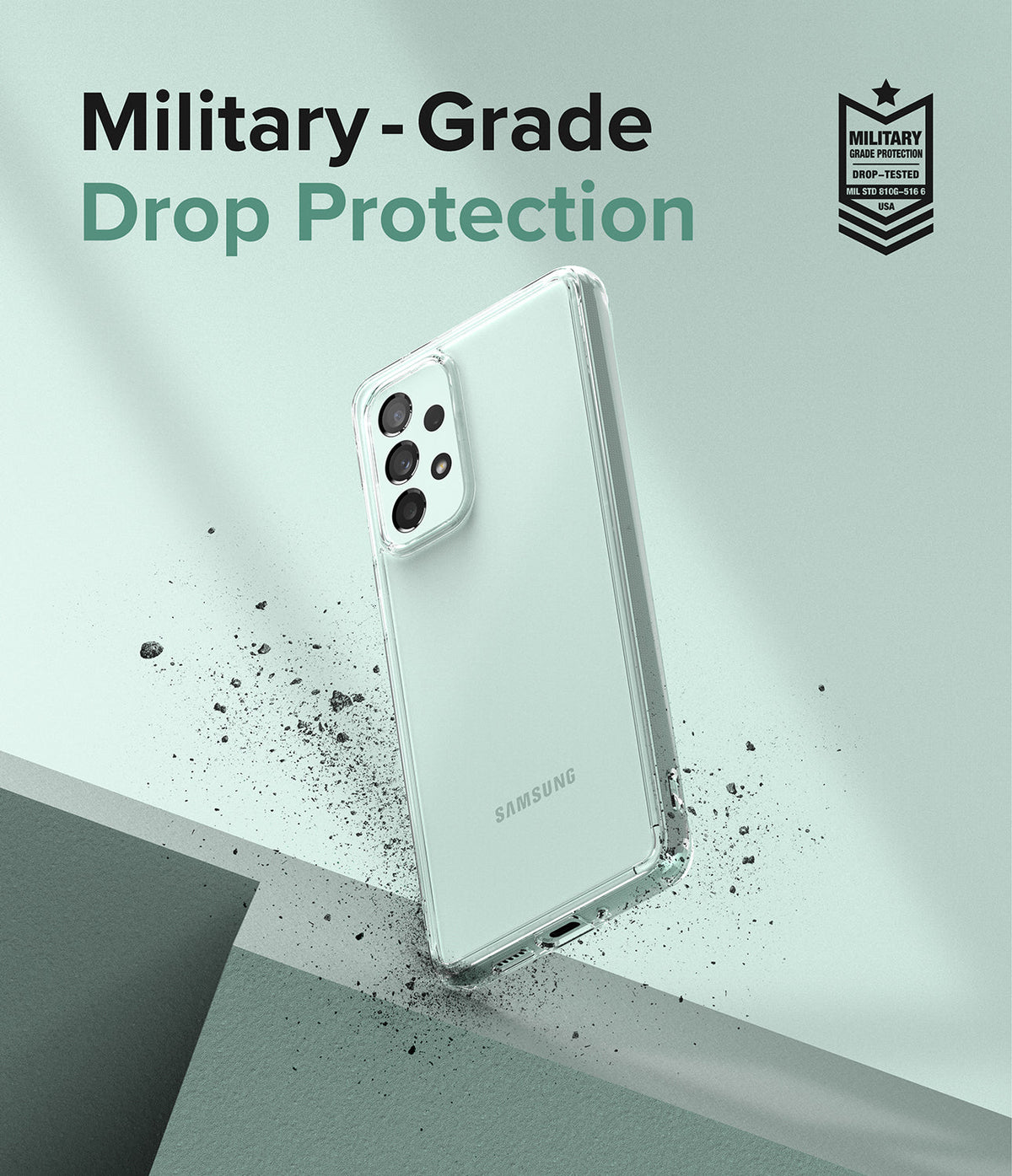 Galaxy A73 5G Case | Fusion - Clear phone case on a Galaxy A73 with military-grade drop protection text and badge.