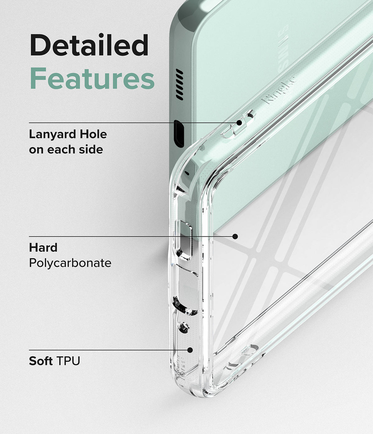 Galaxy A73 5G Case | Fusion - Diagram highlighting lanyard holes, hard polycarbonate back, and soft TPU frame features.