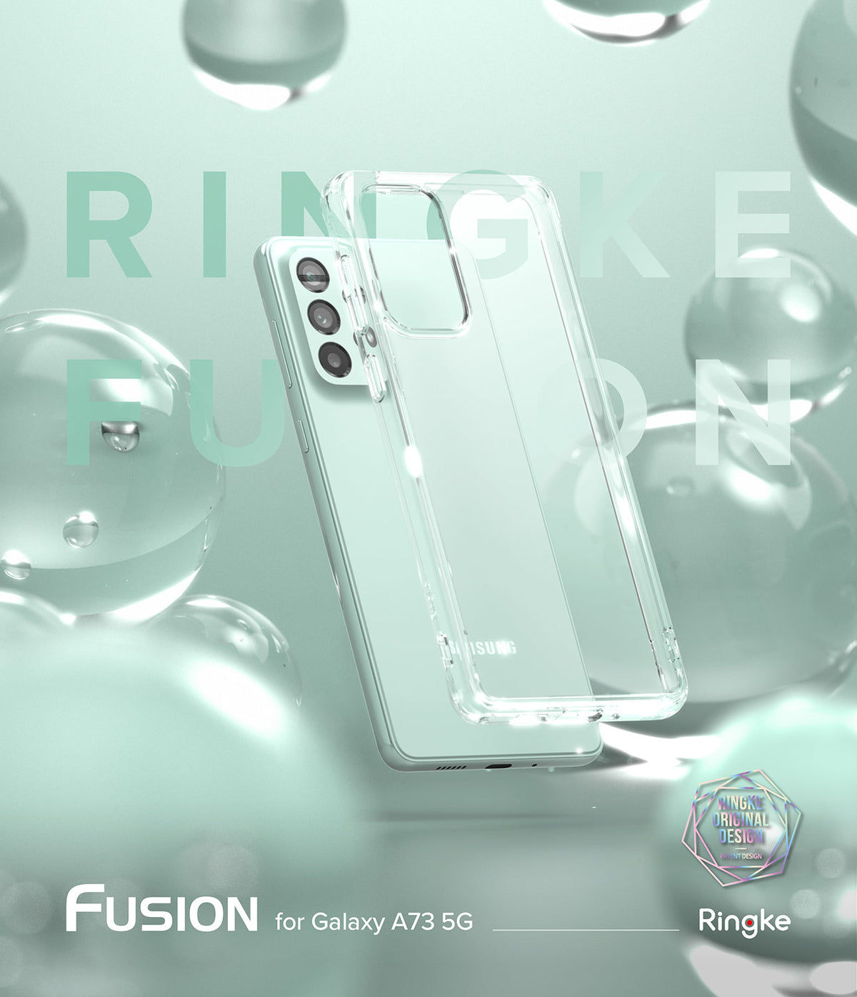 Galaxy A73 5G Case | Fusion - Clear protective phone case on a light green background with floating glass spheres.