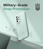Galaxy A73 5G Case | Fusion - Clear phone case floating above a surface with debris, featuring military-grade drop protection text.
