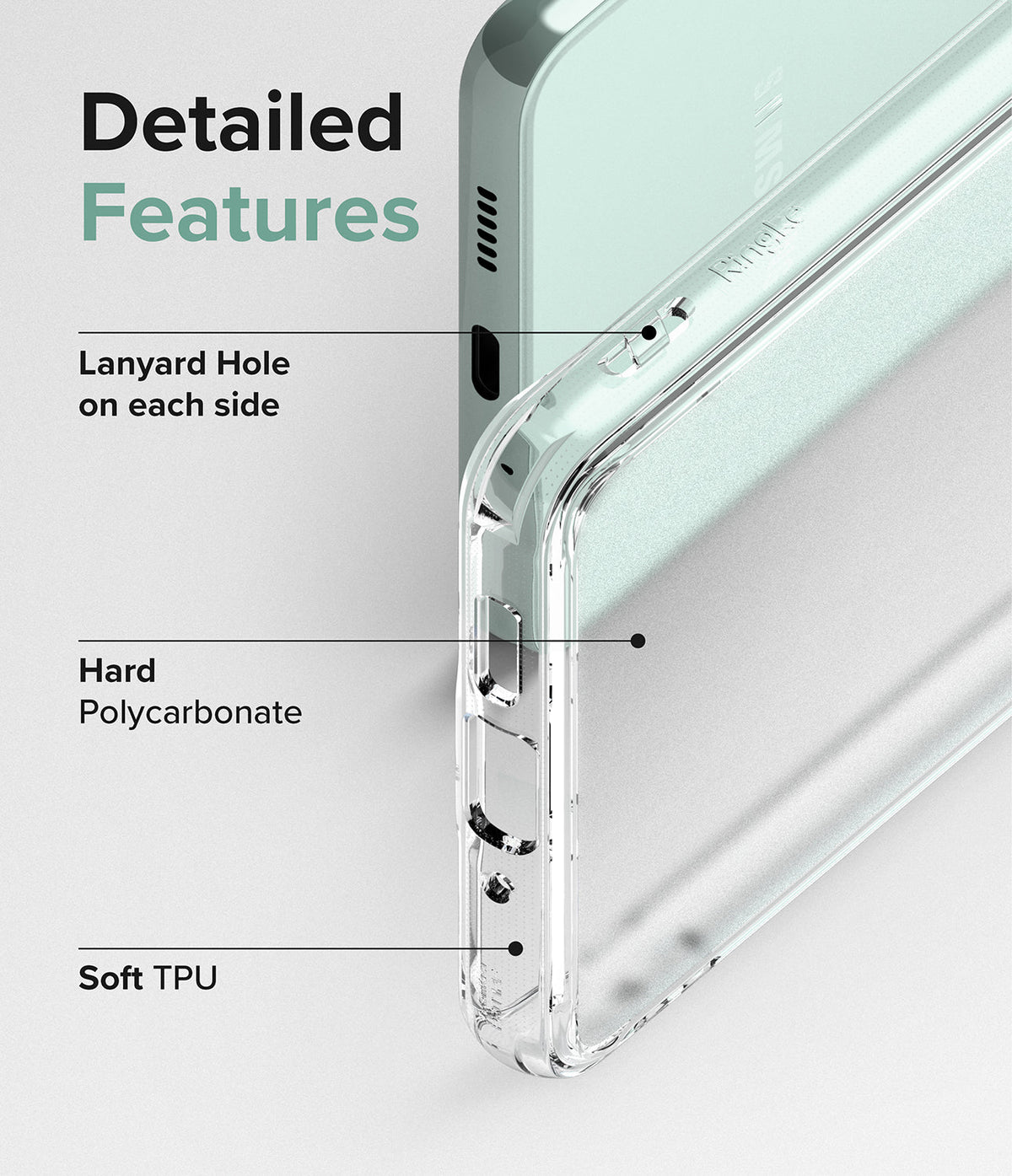 Galaxy A73 5G Case | Fusion - Close-up of phone case highlighting lanyard holes, hard polycarbonate, and soft TPU materials.