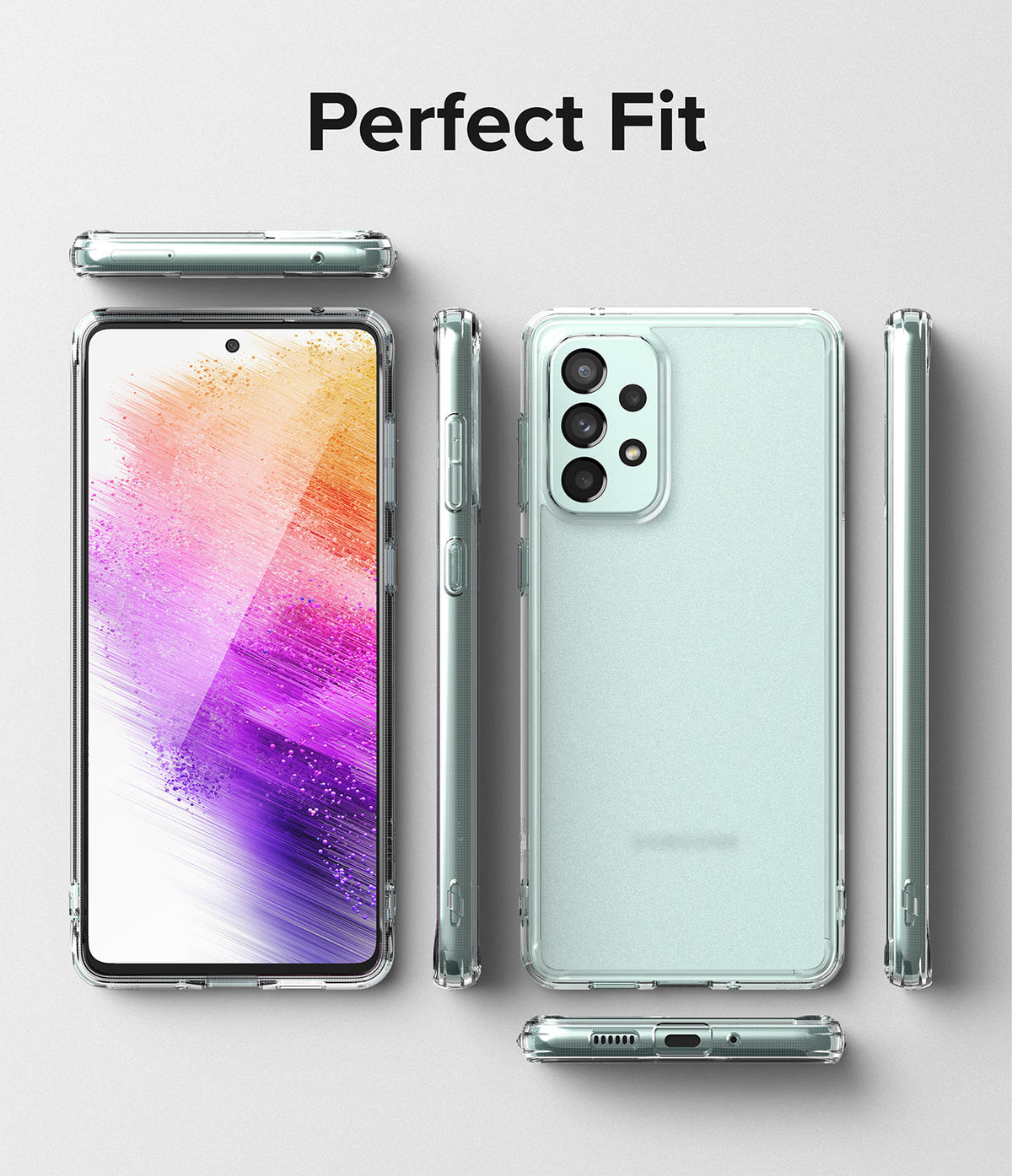 Galaxy A73 5G Case | Fusion - Multiple views of a clear phone case on a light green Galaxy A73 5G against a gray background.